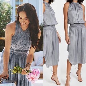 Ramy Brook Silver Pleated Halter Midi Dress